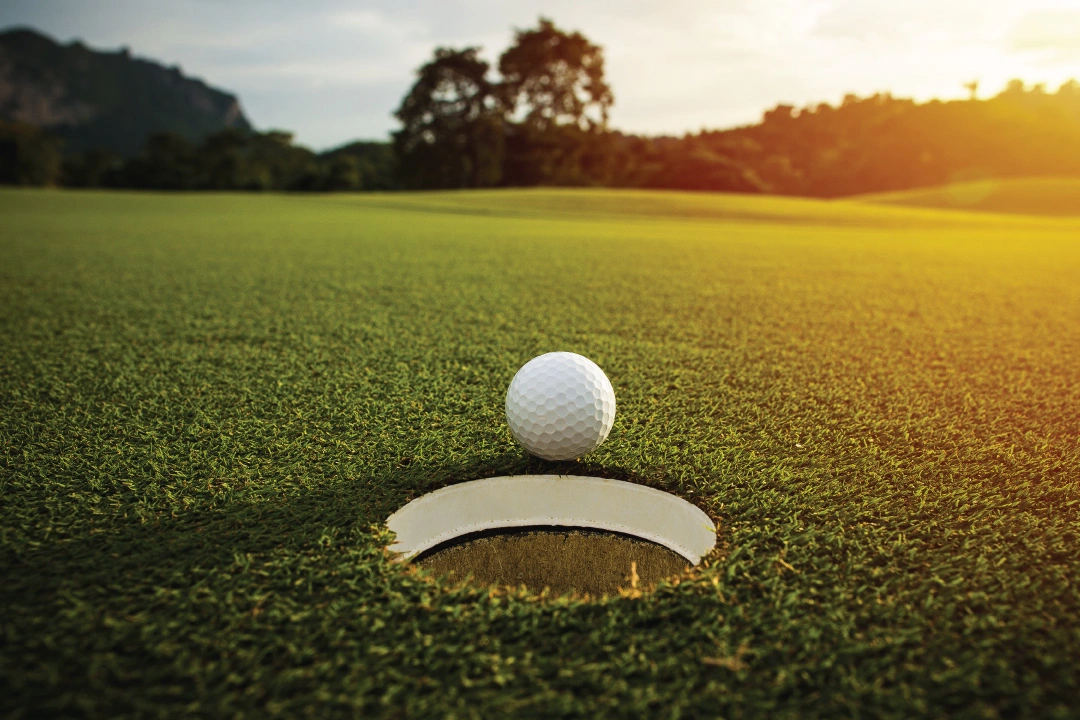 Golf ball at the edge of the cup, perfectly maintained green with sunrise in the background